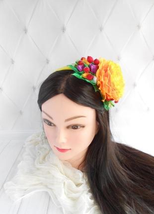 Ободок с розой на фотосессию обруч на голову с цветами в подарок желтое украшение для волос девочке2 фото