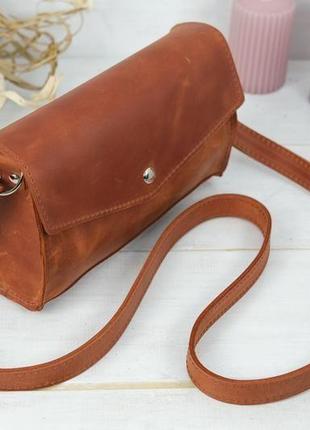 Кожаная женская сумочка ромбик, винтажная кожа, цвет коньяк3 фото