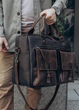 Мужская кожаная сумка дорожная для ноутбука черная, саквояж дорожная сумка натуральная кожа2 фото