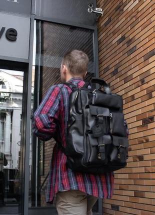 Чорний рюкзак з кишенями з натуральної шкіри, чоловічий рюкзак для ноутбука3 фото