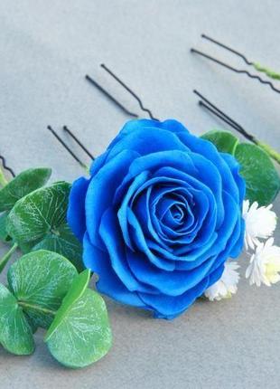 Шпильки для волосся з квітами шпильки сині троянди ,евкаліпт,гіпсофіла