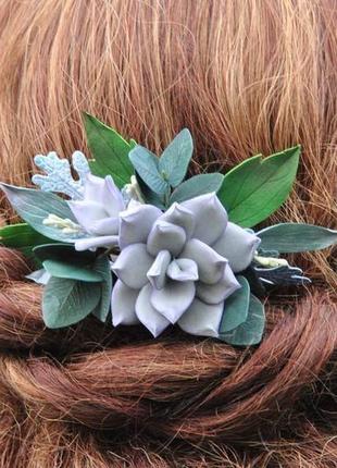 Гребень для волос с суккулентами и зеленью эвкалипта свадебный гребень для волос4 фото