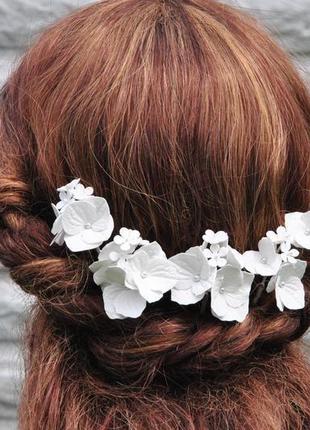 Шпильки для волос с белой гортензией свадебные шпильки с цветами2 фото