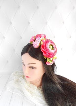 Ободок на голову з квітами рожевий обруч для фотосесії прикраса для волосся на свято подарунок2 фото