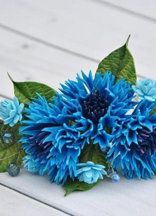 Шпилька для волосся з волошками заколка синя з квітами і намистинами1 фото