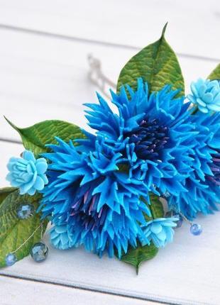 Заколка для волос с васильками синяя заколка с цветами и бусинами3 фото