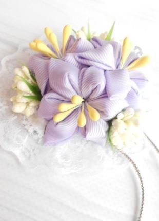 Сиреневая заколка с цветами канзаши на фотосессию нарядное украшение для волос подарок девочке8 фото