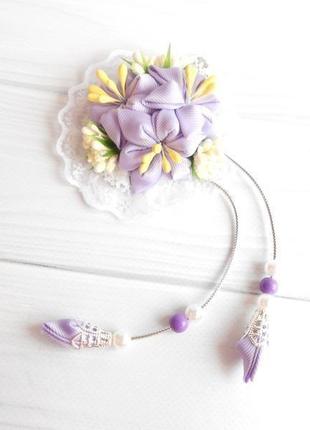 Бузкова шпилька з квітами канзаші на фотосесію ошатне прикраса для волосся подарунок дівчинці1 фото