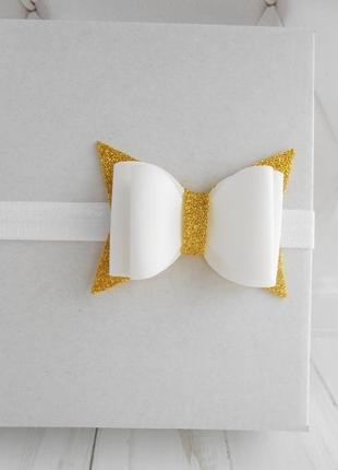 Золотая повязка малышке с бантиком украшение для волос на фотосессию подарок на годик для девочки5 фото