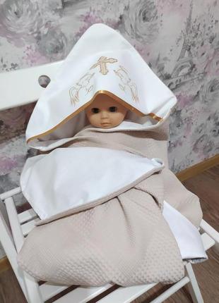 Крыжма крестильная с вышивкой бежевая вафельная пеленка для крещения подарок