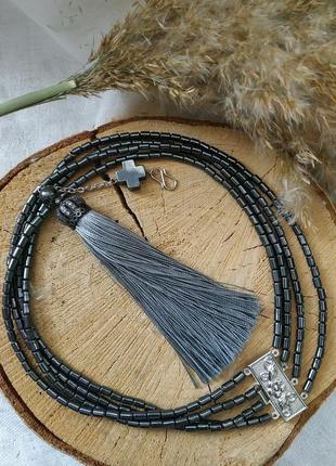 Колье - чокер из гематита со съемной кистью ′мистик′