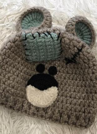 Тёплая вязаная шапка мишка тедди
