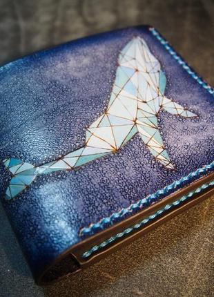 Синий кошелек с китом, кожаный бумажник, синее портмоне3 фото