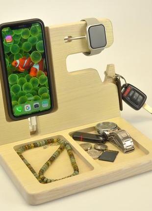 Підставка-органайзер з дерева для гаджетів телефону годиника apple і візиток2 фото