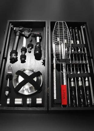 Шашлычный набор-комплект со столиком на 6 шампуров "grills g16" черный | 30 предметов + гравировка