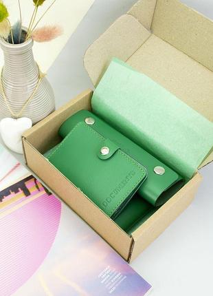 Подарочный женский набор №61: обложка документы + ключница + портмоне (зеленый)2 фото