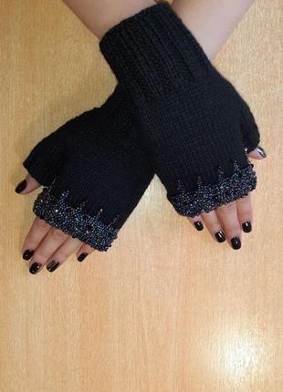 Теплі мітенки ексклюзивні рукавички з вишивкою4 фото