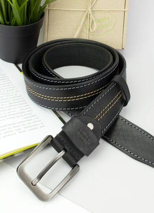 Ремень мужской кожаный черный sf-4001 (140 см) винтажный со строчкой7 фото
