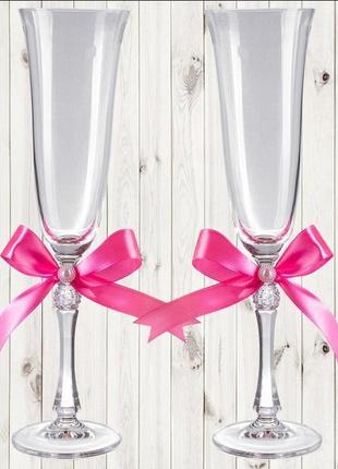 Весільні келихи, 2 шт, рожевий бант, арт. wg-000002-151 фото