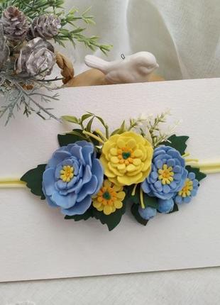 Пов'язка жовто-блакитна з квітами  пов'язк для волосся для дівчат пов'язки для фотосесії5 фото