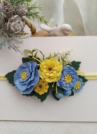 Пов'язка жовто-блакитна з квітами  пов'язк для волосся для дівчат пов'язки для фотосесії3 фото