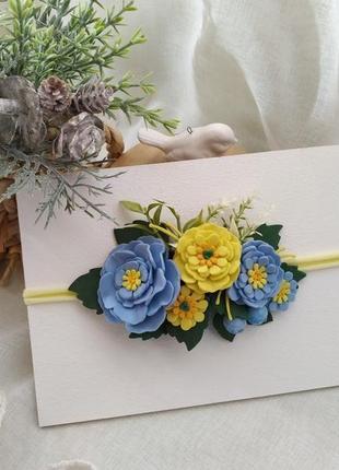 Пов'язка жовто-блакитна з квітами  пов'язк для волосся для дівчат пов'язки для фотосесії2 фото