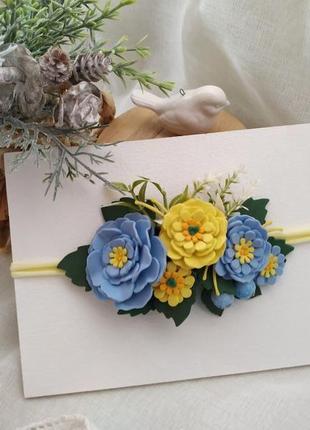 Пов'язка жовто-блакитна з квітами  пов'язк для волосся для дівчат пов'язки для фотосесії8 фото