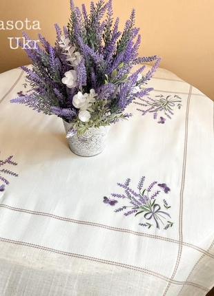 Вышитая скатерть (90*90 см), дизайн “лавандовый прованс” с бабочками-tablecloth-80