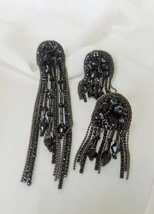 Асиметричні сережки зі страз чорного кольору, вечірні сережки, моно сережки 12 см, сет із трьох сере