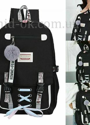 Молодежный рюкзак для девочки старших классов с usb-портом, кодовым замком, меховым помпоном черный