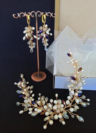 Набір весільних прикрас, перлинна гілочка в зачіску та сережки з натуральними перлами.4 фото
