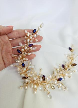 Набір весільних прикрас, перлинна гілочка в зачіску та сережки з натуральними перлами.5 фото