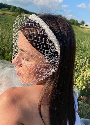 Весільний обруч з вуаллю, кришталевий обідок з вуаллю білого кольору ksenija vitali