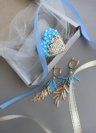Набір прикрас бежево-голубого кольору, брошка серце та сережки, оригінальний подарунок на будь-яке с2 фото