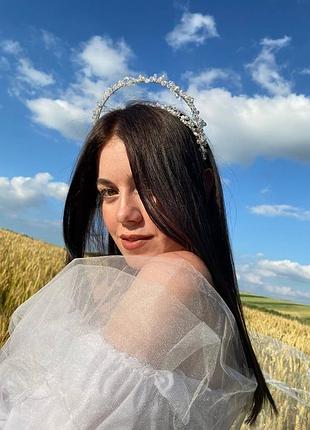 Свадебный обруч-диадема, двойной хрустальный ободок с натуральным жемчугом ksenija vitali