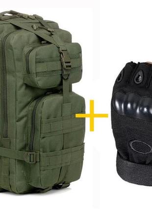 Тактический комплект 2в1: военный тактический туристический рюкзак 35л, олива + перчатки без пальцев
