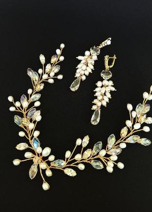 Набір весільних прикрас, жемчужна гілочка в зачіску та сережки з натуральними перлами.6 фото
