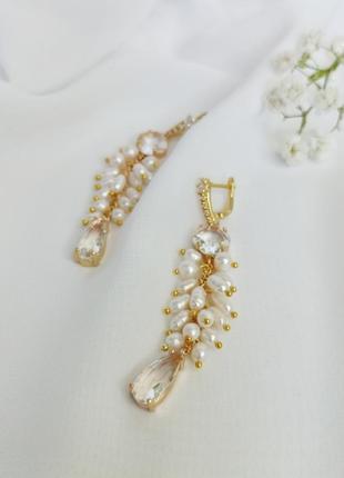 Набір весільних прикрас, сережки з натуральними перлами та кулон7 фото