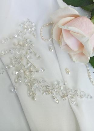 Набір весільних прикрас, гілочка у зачіску та сережки з натуральними перлами.2 фото
