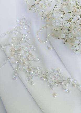 Набір весільних прикрас, гілочка у зачіску та сережки з натуральними перлами.3 фото