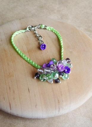 Фіолетово зелений браслет з квітами, прикраса на руку, подарунок дівчинці1 фото