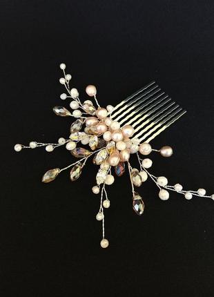 Набір весільних прикрас, гребінець у зачіску та сережки з натуральними перлами та фіанітами5 фото