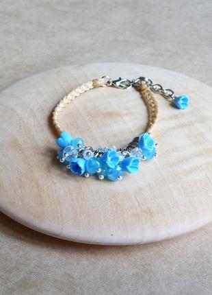 Голубой комплект украшений, подарок девушке, подарочный набор, обруч, браслет с цветами2 фото