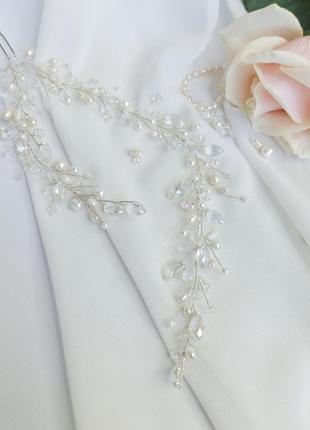 Набір прикрас для нареченої, шпилька в зачіску та сережки з натуральними перлами.4 фото