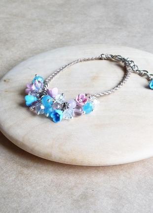 Блакитно рожевий браслет з квітами, прикраса на руку, подарунок дівчинці2 фото