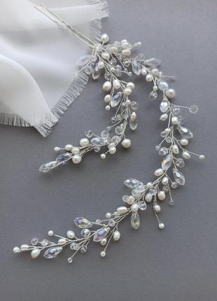 Подвійна шпилька в зачіску, весільні прикраси в зачіску нареченої з натуральними перлами1 фото