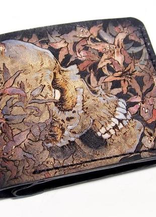 Кошелек с черепом, череп в лилиях, мужской кошелек с рисунком, портмоне, мужское портмоне