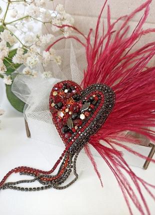 Набор украшений украина, брошь сердце с перьями и серьги бордово-черного цвета, ручная работа6 фото