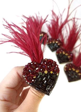 Набор украшений украина, брошь сердце с перьями и серьги бордово-черного цвета, ручная работа2 фото
