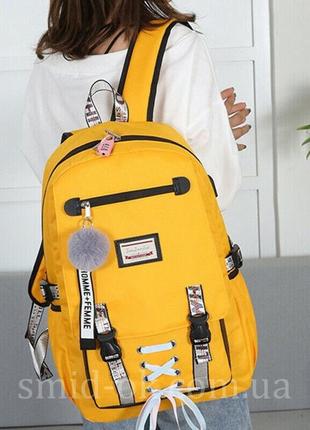 Молодіжний рюкзак жовтий для дівчинки-підлітка з usb-портом, кодовим замком, хутряним помпоном4 фото